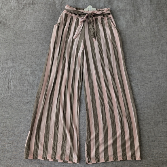 pink-girl Pants - Striped Pink and Green Wide-Leg Pants